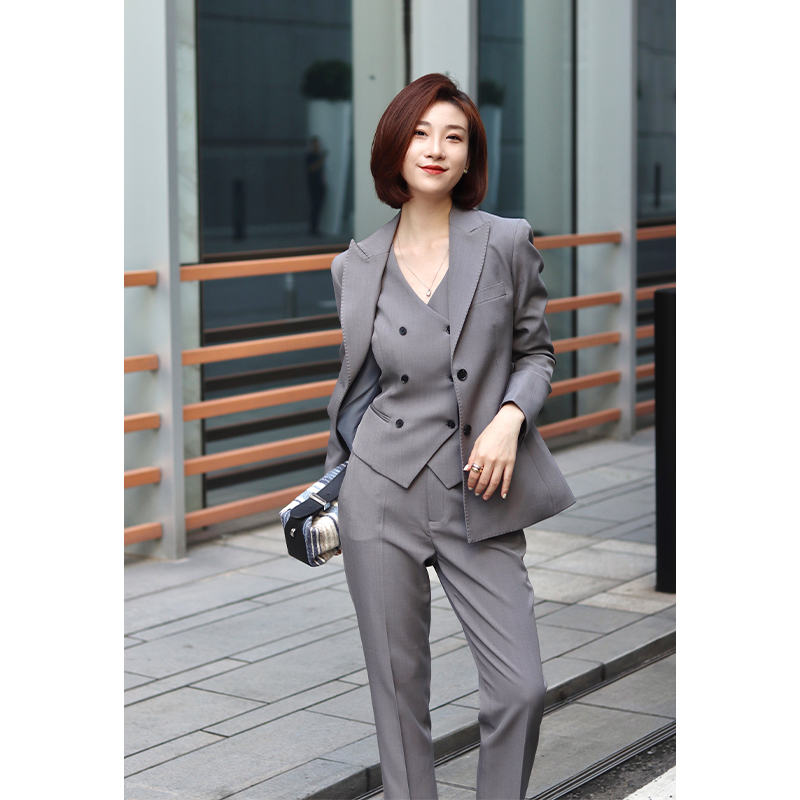 欧美春秋冬新款烟灰色显瘦西服外套职业工作装时尚修身西装套装女
