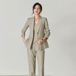 韩版春秋冬新燕麦色羊毛职业通勤西装外套修身显瘦西服马甲套装女