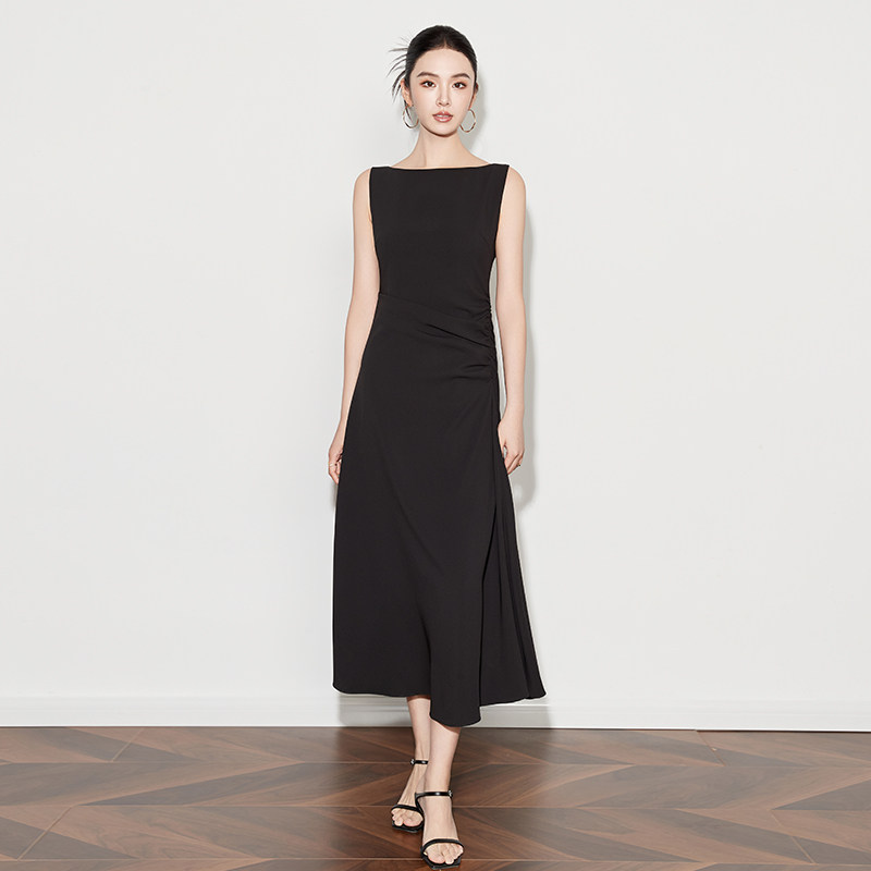 夏款高级感黑色一字领立裁收腰设计感优雅轻熟长裙礼服裙连衣裙