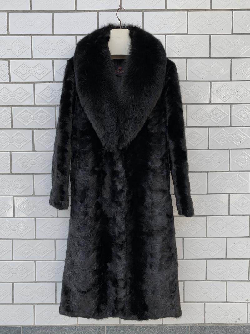 新款男装黑色水貂皮草长款大衣男士皮毛一体狐狸毛西装领貂皮皮衣