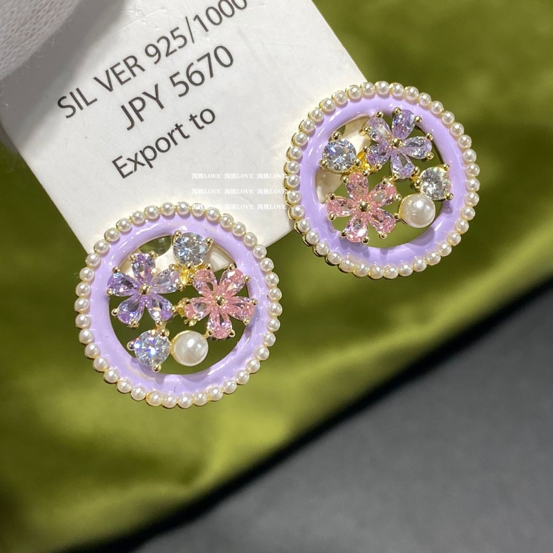 紫色花园彩色花朵镶钻珍珠耳钉