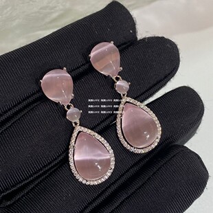 小众新中式复古国风气质优雅粉色水滴猫眼镶钻耳环耳饰无耳洞耳夹