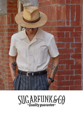 Sugarfunk古巴领胚色棉籽牙签暗条纹半袖衬衫美式复古/阿美咔叽