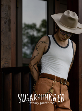 Sugarfunk修身粗螺纹条纹弹力纯棉打底背心美式复古/阿美咔叽