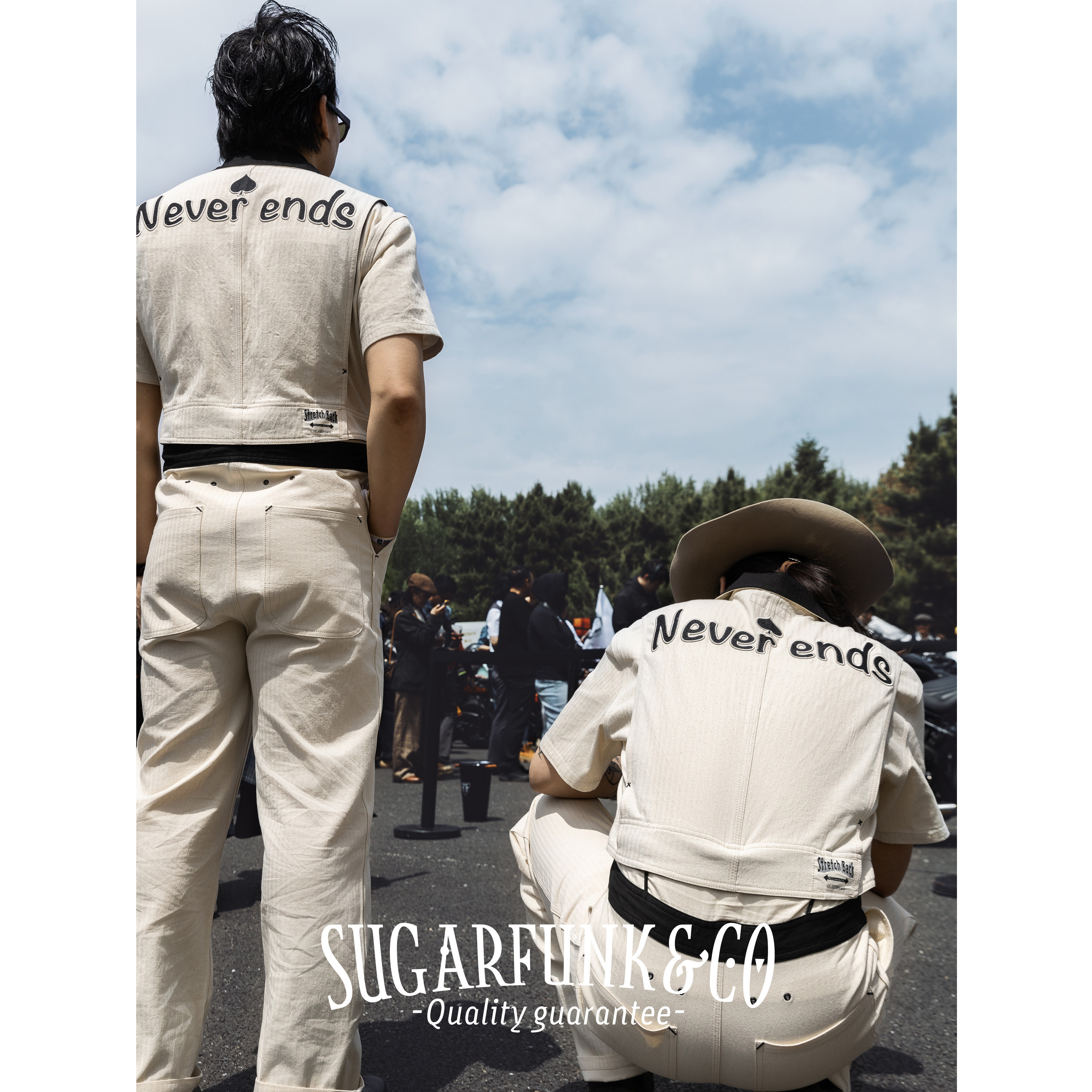 Sugarfunk黑白人字纹半袖连体工装沙滩竞速服修车服美式复古机车