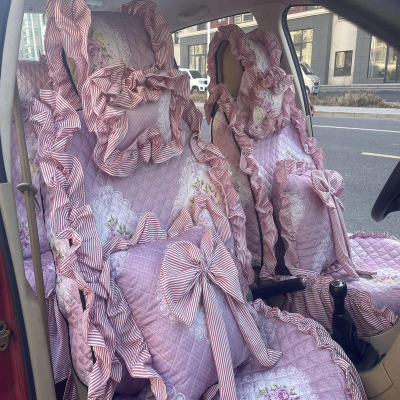 女士可爱时尚四季通用汽车座垫座套全包女神款蕾丝涤棉透气车坐垫