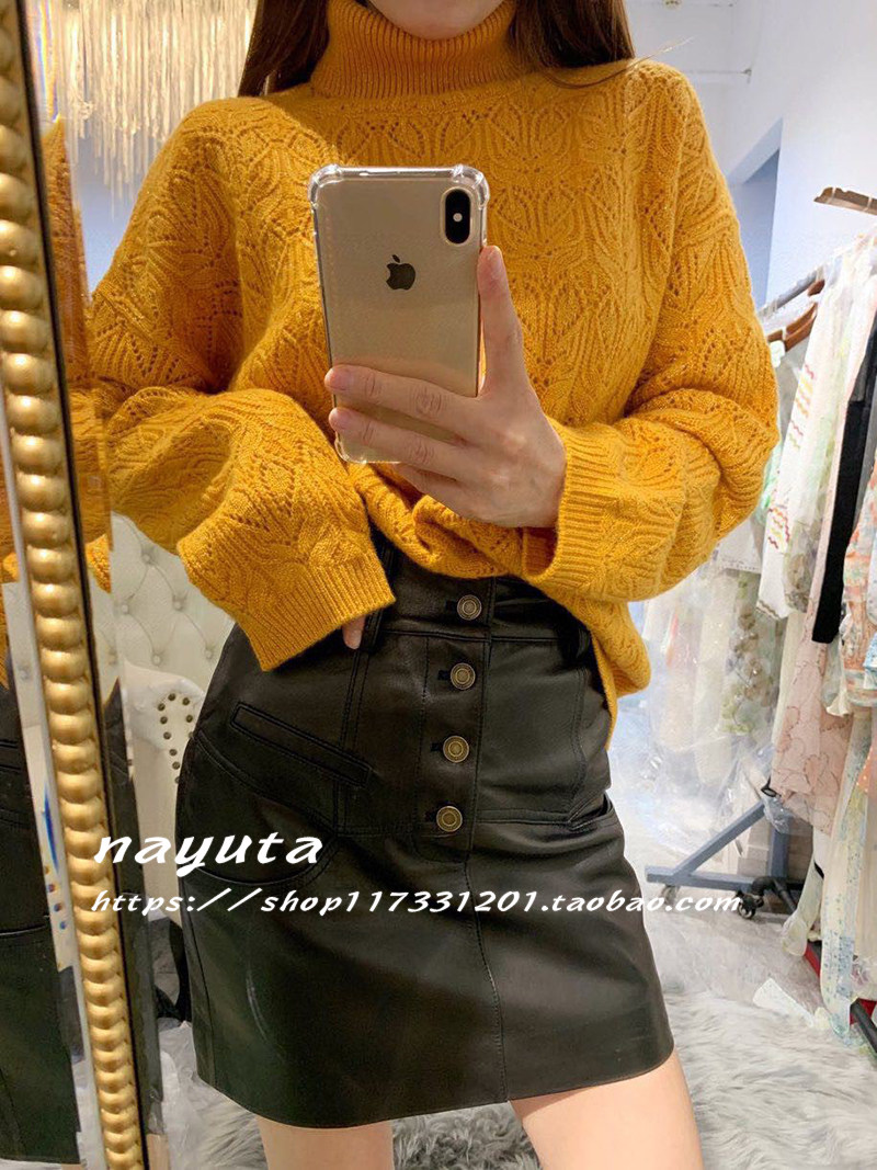 NAYUTA 秋冬新款 进口山羊绒高领毛衣镂空设计橘色长袖厚女