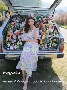 「亏本秒杀 连衣裙 399」桑蚕丝真丝紫花黄花拼接露腰背短袖