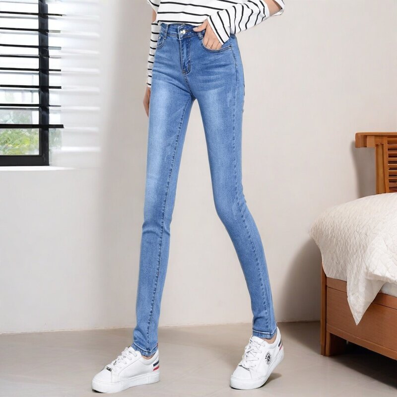 高腰牛仔裤女春秋2025新款小脚铅笔裤女紧身显瘦显高弹力加绒长裤