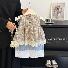 品牌折扣女童夏季花边格纹无袖上衣套装2025新款女孩蕾丝裤脚牛仔