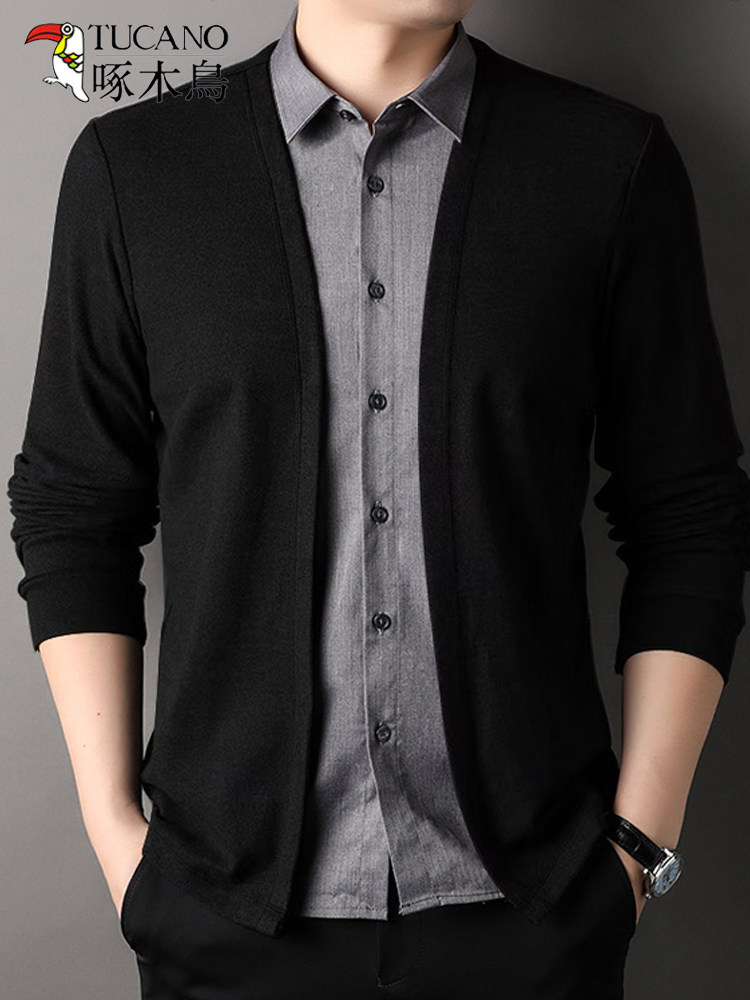 딱따구리 가짜 투피스 셔츠 칼라 스웨터 남성 봄 가을 비즈니스 캐주얼 남성 신작 가을 스웨터 가디건