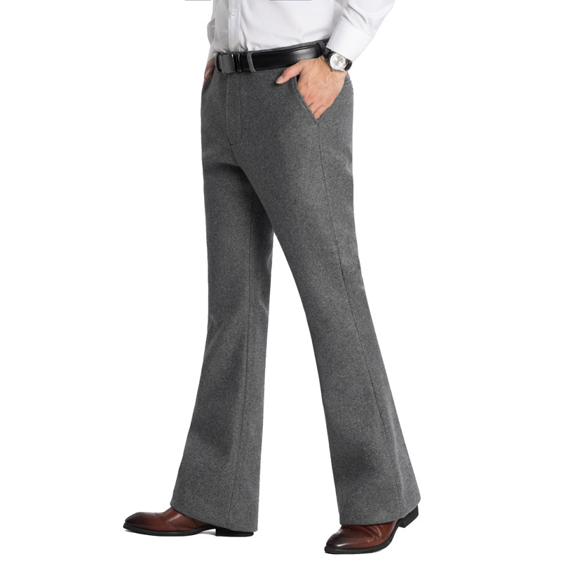 毛呢裤男秋冬加厚垂感阔腿裤商务休闲直筒裤男简约加厚微喇叭西裤