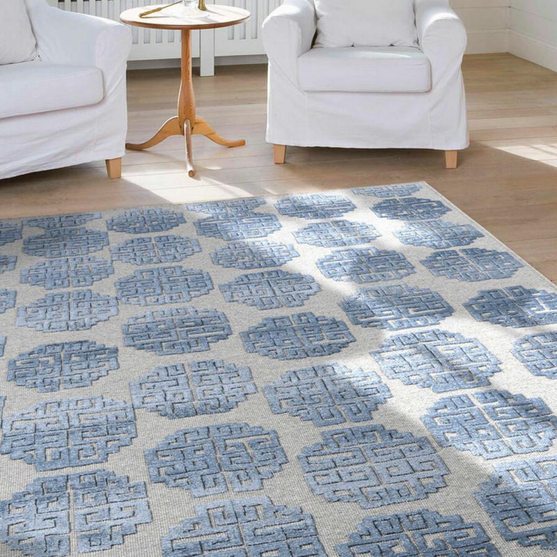 比利时进口现代北欧新中式几何图案蓝灰色羊毛客厅卧室地毯地垫