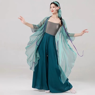古典舞青蛇交叉领系带青绿色中国风舞纱衣飘逸女剧目舞蹈服表演服