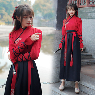中国风汉服女改良武侠风女儿国服装丫鬟交领系带刺绣套装日常古装
