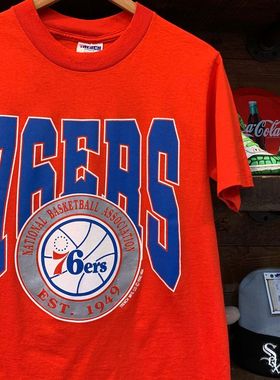 费城76人队Philadelphia76ers美式复古短袖T恤篮球街头红色半袖男