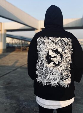 西海岸小众chicano纹身师潮牌连帽卫衣男大码456XL纯棉OS毛圈帽衫