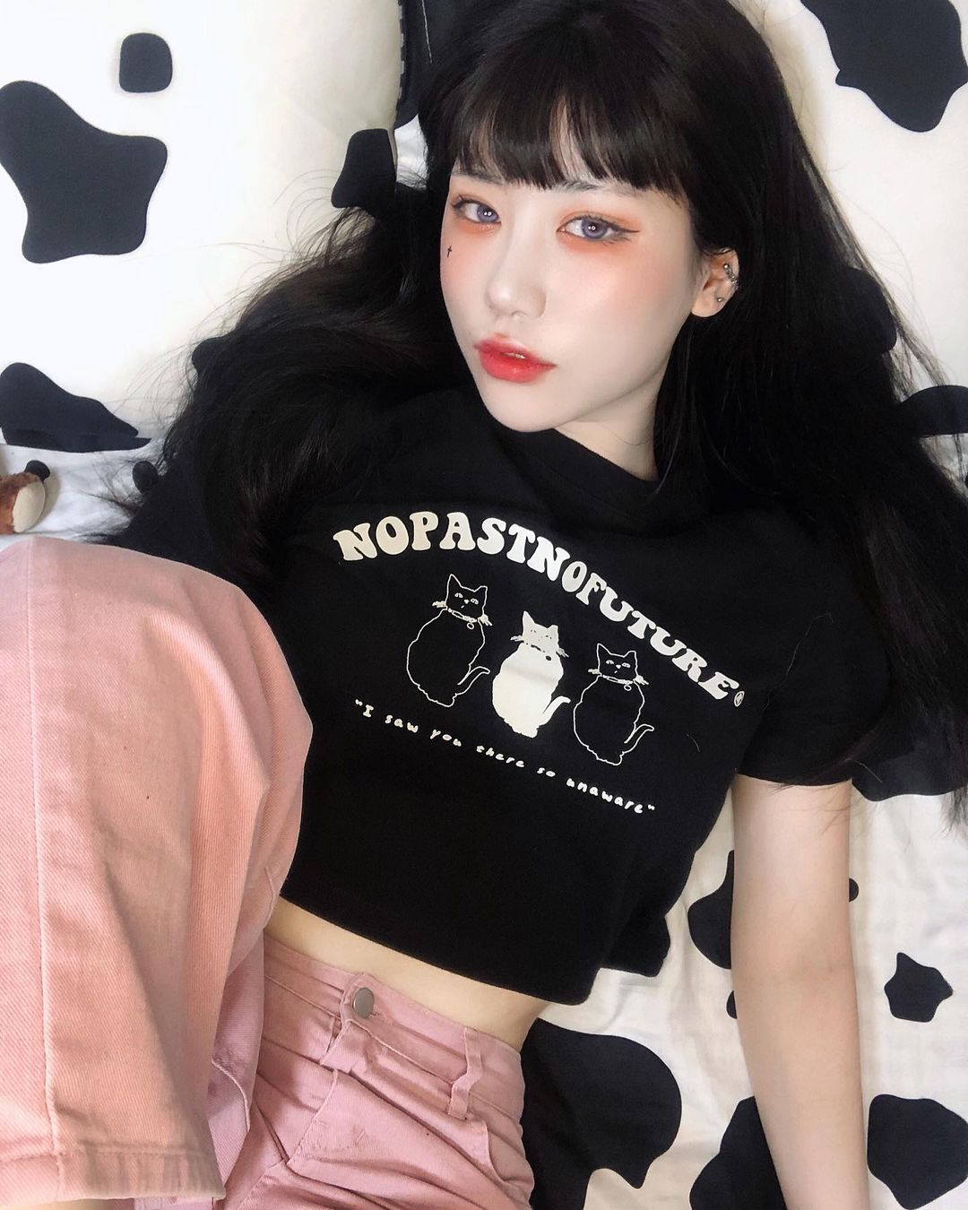 韩系甜酷辣妹猫咪可爱印花露脐装