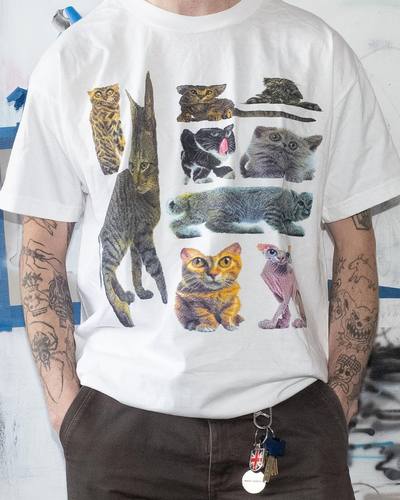 50万粉丝的选择！小领口重磅不透！直喷！拼接猫咪印花短袖T恤潮