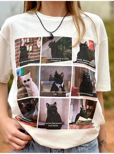 50万粉丝的选择！小领口重磅不透！卡通黑猫拼接情侣装短袖T恤