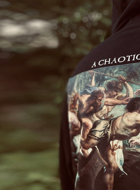 加大码456XL外套油画卫衣复古国潮黑色连帽加大码嘻哈男女款卫衣