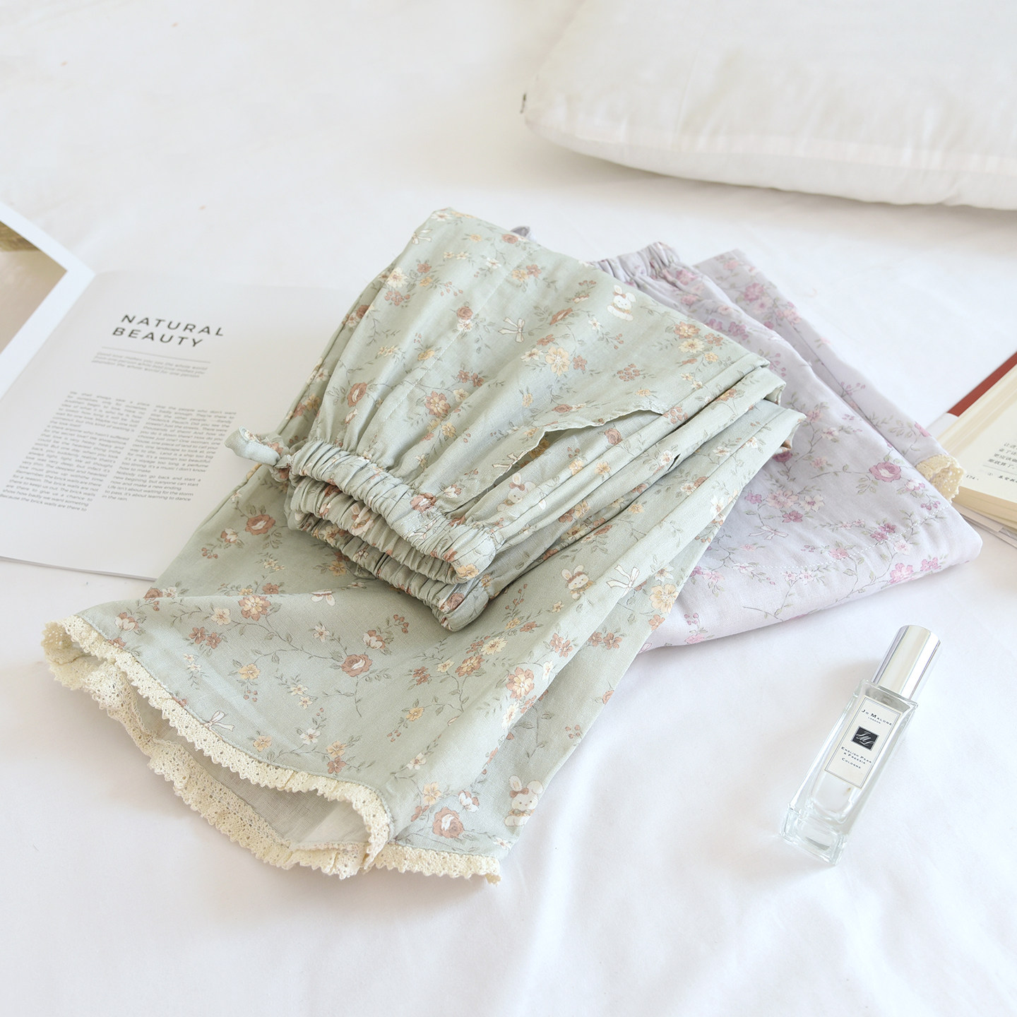 清新花蔓睡裤女纯棉纱布春夏季薄款蕾丝长裤全棉直筒可外穿家居裤