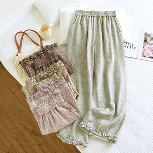 薄款 花边睡裤 春秋夏季 双层纯棉纱布印花家居裤 休闲可外穿 女长裤