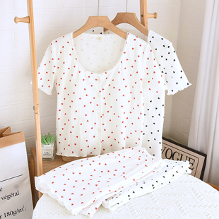 爱心印花家居服套装 带胸垫一体睡衣女夏季 短裤 短袖 可外穿 纯棉薄款