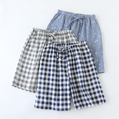 男士 居家薄款 短裤 家居裤 睡裤 格子沙滩裤 纯棉夏季 纱布五分裤 可外穿