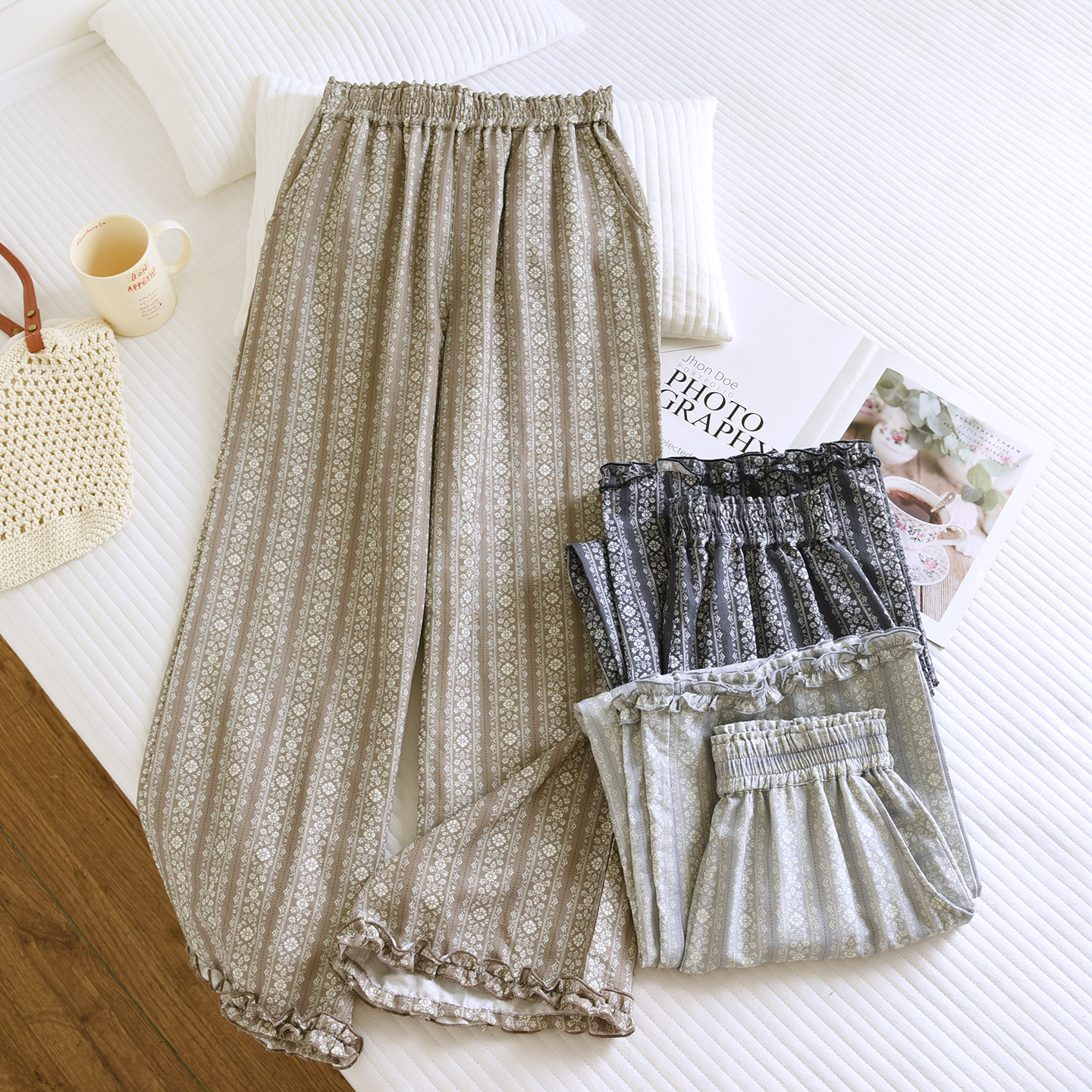 复古花边双层纯棉纱布睡裤女春秋薄款宽松直筒长裤全棉夏季家居裤,女士内衣/男士内衣/家居服,睡裤/家居裤,淘宝优惠券,粉丝福利购,淘宝优惠卷