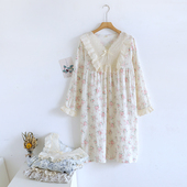 孕妇甜美印花睡衣蕾丝公主 纯棉纱布宽松大码 长袖 睡裙女春秋夏款