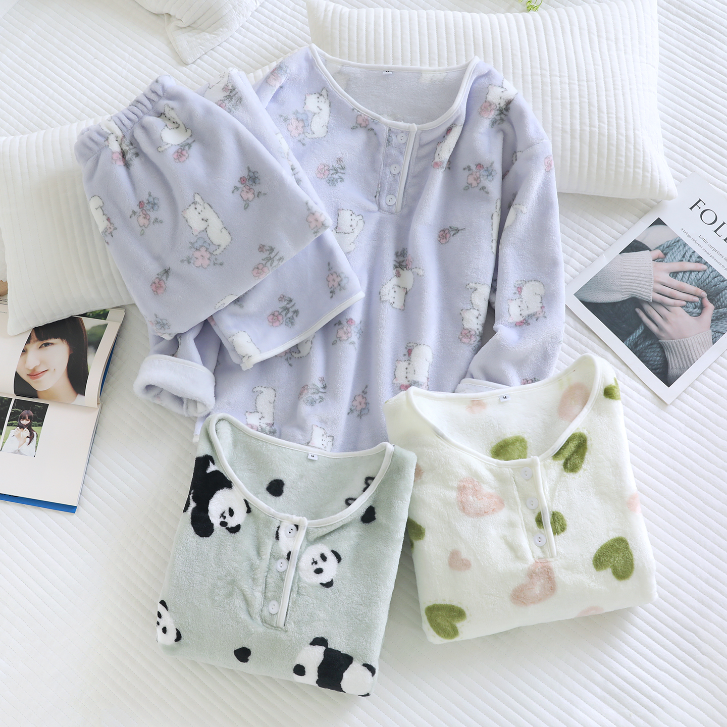 清新卡通睡衣女加厚法兰绒保暖秋冬圆领套头长袖珊瑚绒家居服套装