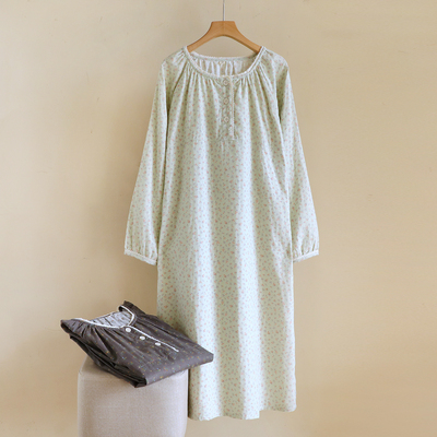 纯棉纱布长袖甜美碎花薄款睡裙