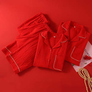 喜庆结婚睡衣新婚情侣春秋季纯棉长袖红色本命年男女士家居服套装