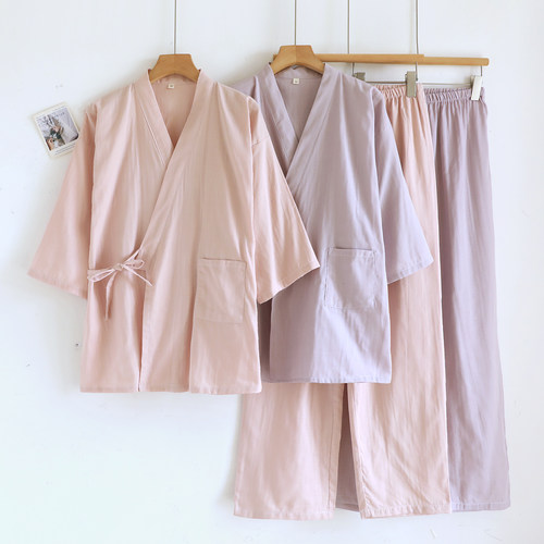 清新纯色纯棉纱布和服睡衣女
