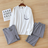 春夏款 薄款 纯棉长袖 睡衣男士 套头家居服套装 男式 秋季 简约可外穿