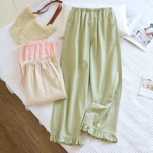 全棉纱布宽松直筒休闲外穿家居裤 春夏薄款 女长裤 森系花边纯棉睡裤