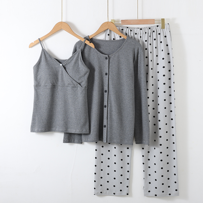 【带胸垫】孕妇睡衣女春秋月子服长袖开衫吊带纯棉家居服三件套装