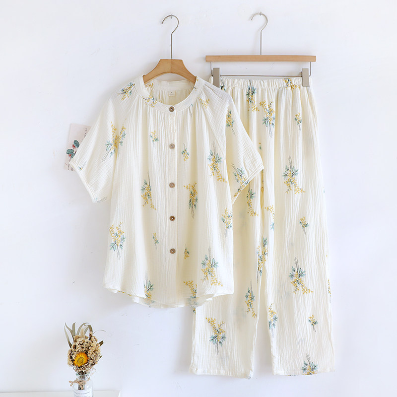 纯棉纱布夏季印花睡衣女甜美短袖长裤圆领薄款家居服套装可外穿,女士内衣/男士内衣/家居服,睡衣/家居服套装,淘宝优惠券,粉丝福利购,淘宝优惠卷