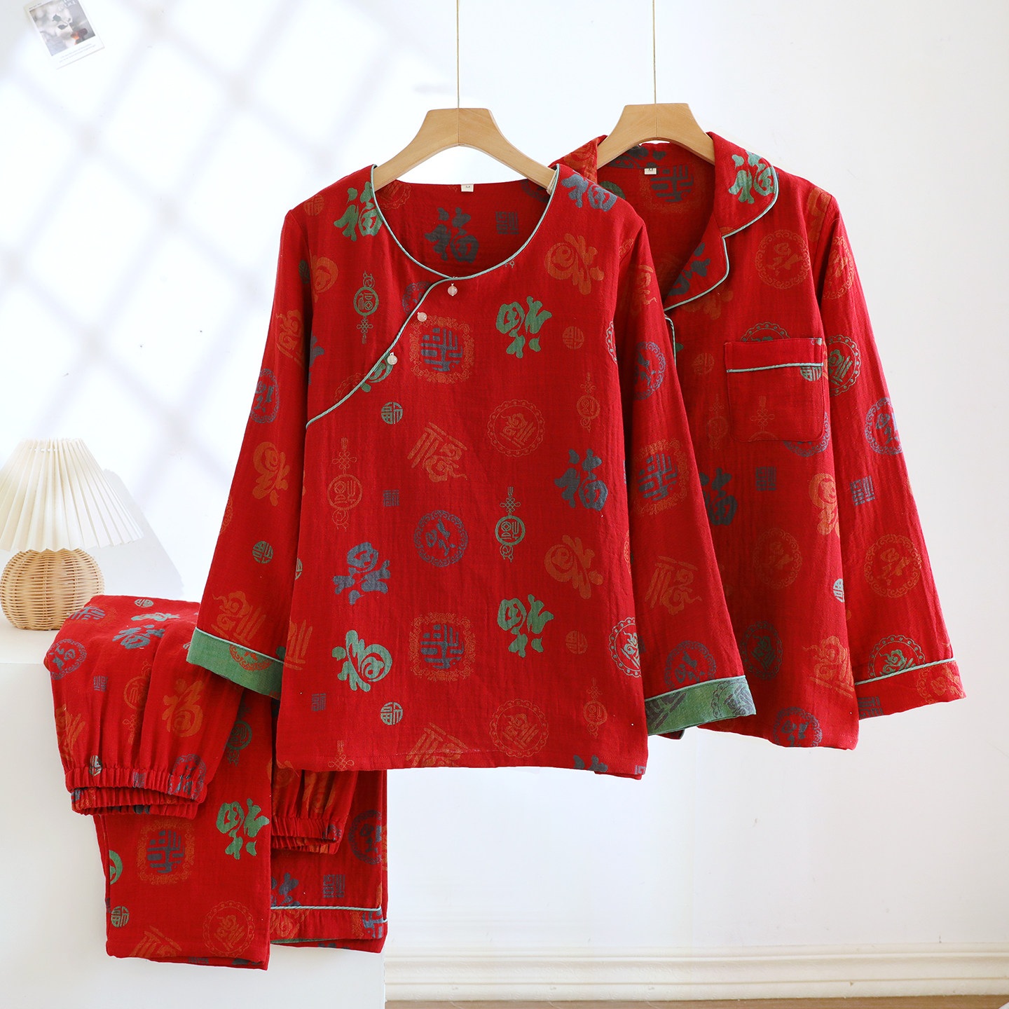 大红百福双层纯棉纱布睡衣女春秋夏薄款国风全棉本命年家居服套装,女士内衣/男士内衣/家居服,睡衣/家居服套装,淘宝优惠券,粉丝福利购,淘宝优惠卷
