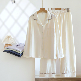 家居服套装 长袖 纯棉男士 云柔棉情侣睡衣女简约贝壳领2026春夏新款