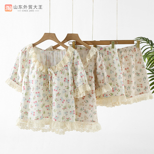 公主风学生家居服套装 短裤 短袖 田园蕾丝花边睡衣女纯棉纱布夏季