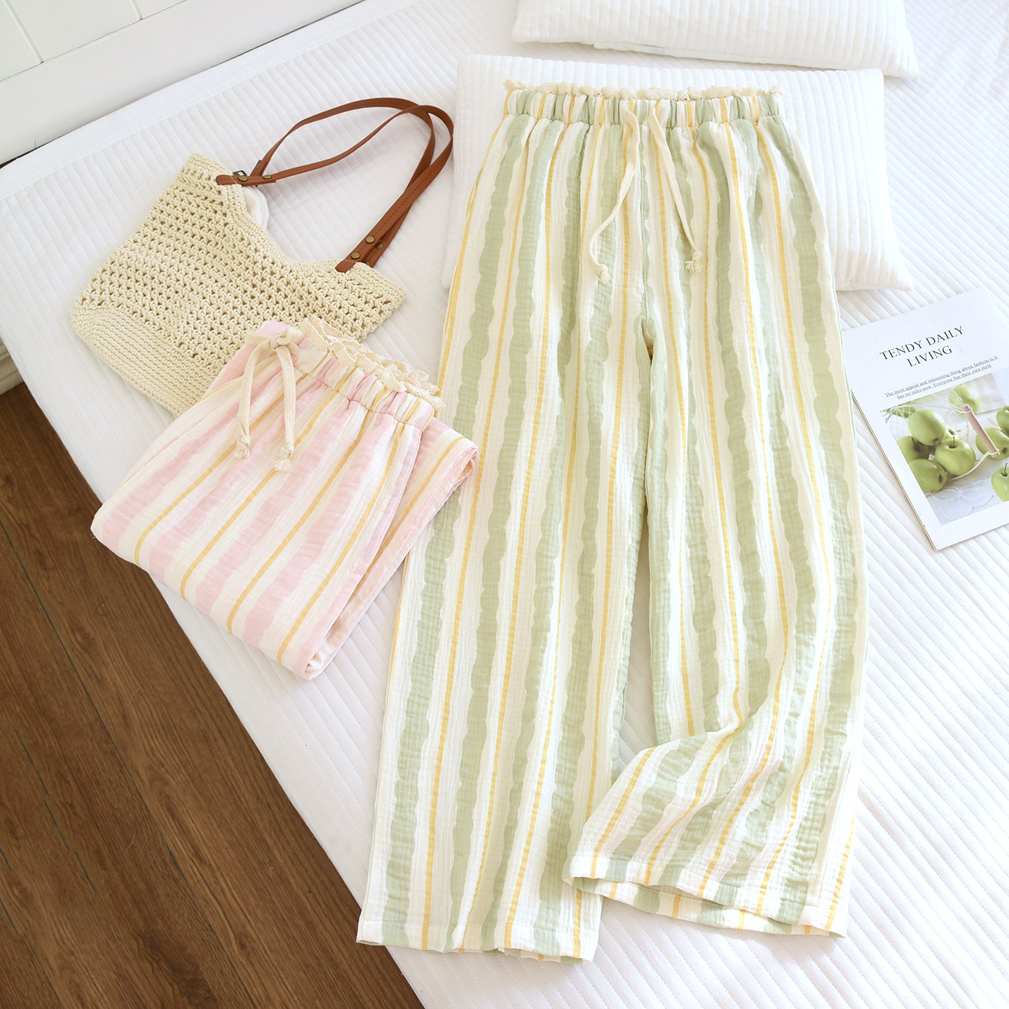 纯棉纱布睡裤女长裤清新条纹春秋夏季薄款宽松全棉可外穿家居裤,女士内衣/男士内衣/家居服,睡裤/家居裤,淘宝优惠券,粉丝福利购,淘宝优惠卷