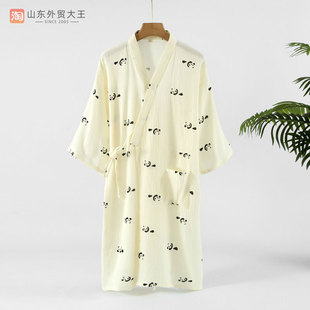 卡通熊猫睡袍女士纯棉和服睡衣汗蒸春夏季 家居服浴袍 全棉纱布薄款