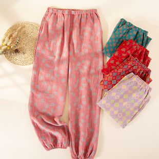 家居裤 双层色织纯棉纱布睡裤 薄款 复古全棉夏季 女春秋宽松收口长裤