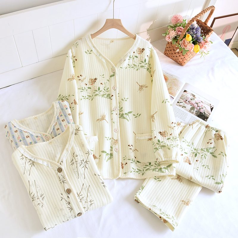 V领蕾丝边空气棉女士家居服套装