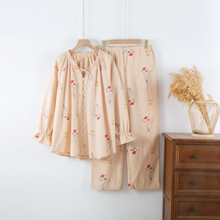 双层纯棉纱布睡衣女款春秋夏季长袖全棉麻家居服套装2025新款宽松