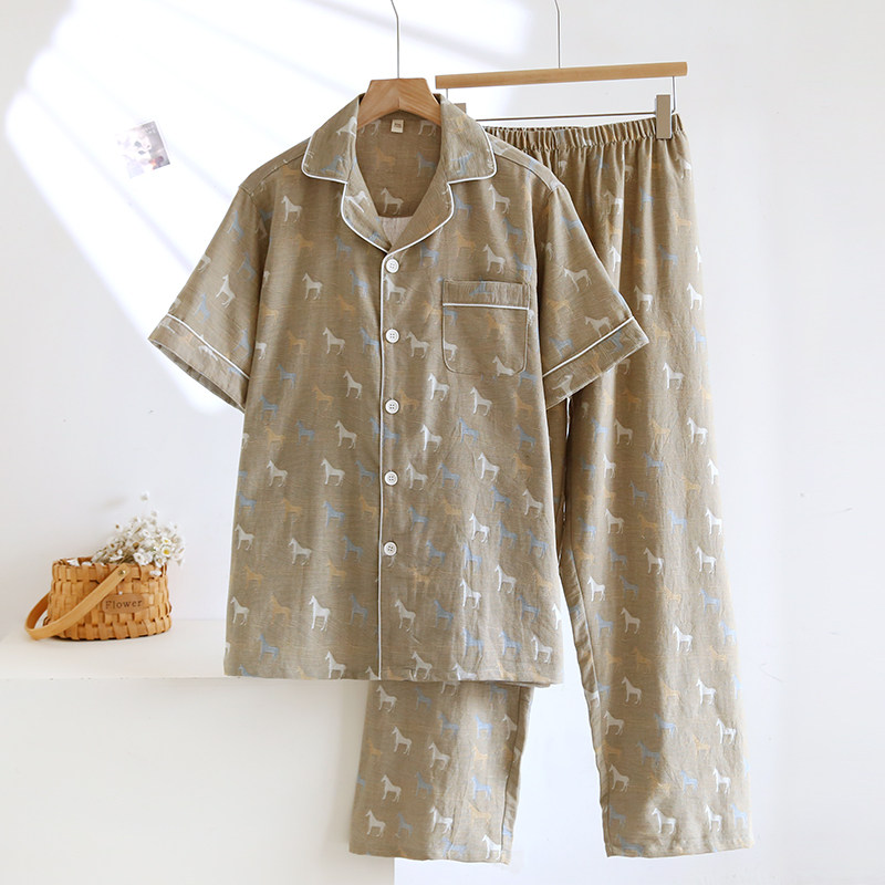 马到成功~夏季男士纯棉纱布睡衣薄款短袖长裤家居服套装可外穿,女士内衣/男士内衣/家居服,睡衣/家居服套装,淘宝优惠券,粉丝福利购,淘宝优惠卷