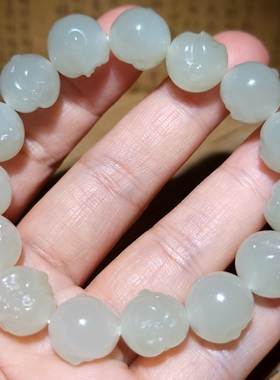 zg011505新疆的猫44.8克高冰油亮细润白晴水和田玉佛头手串和田玉