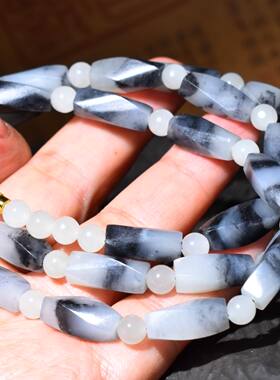 JJ011912新疆的猫56.2克有意境的青花墨玉籽长条异形珠项链